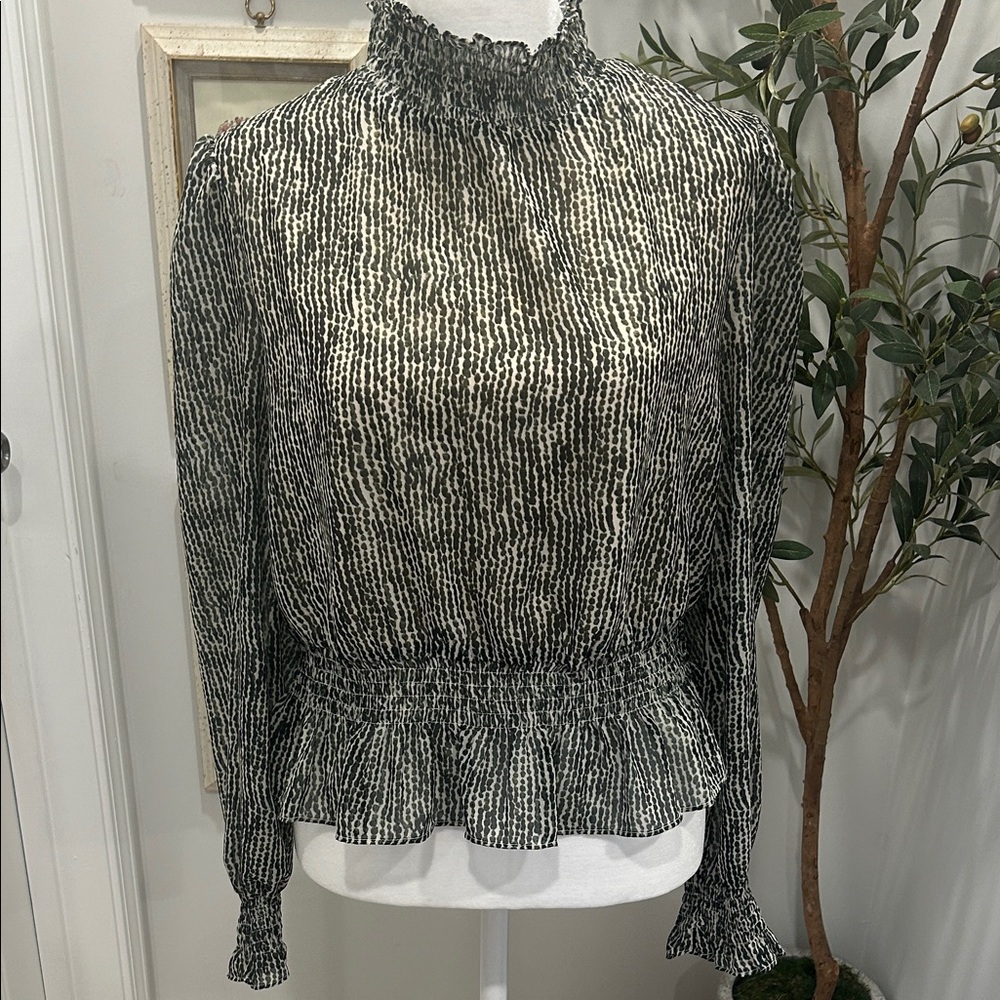 Lucy Paris Green and White Smocked Neck Peplum Blouse